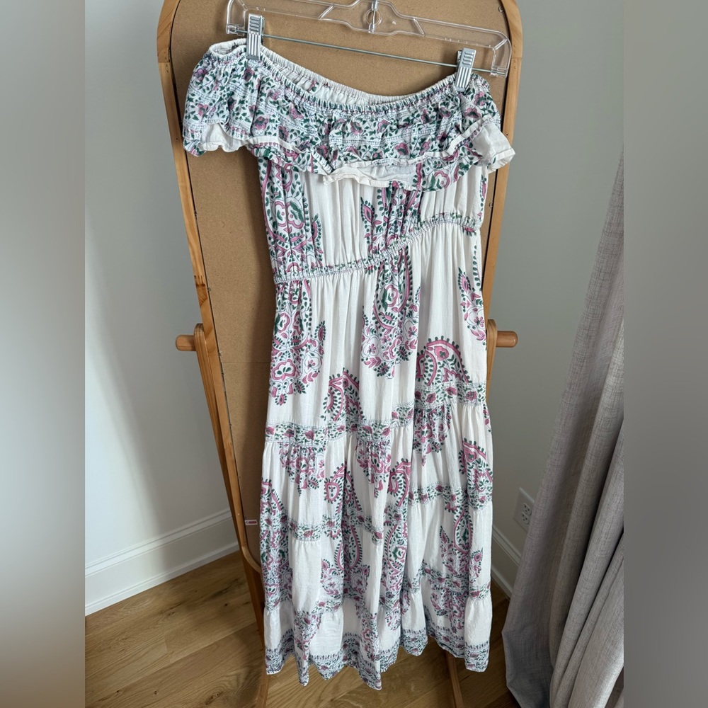 Boho Off-Shoulder Maxi Dress in White with Pink & Green Paisley